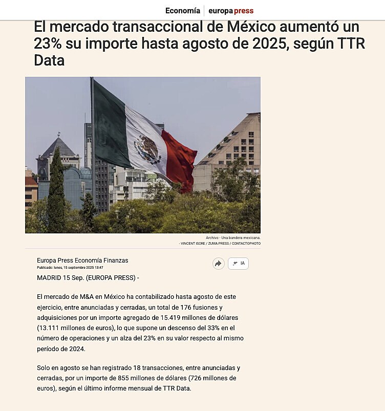 El mercado transaccional de Mxico aument un 23% su importe hasta agosto de 2025, segn TTR Data